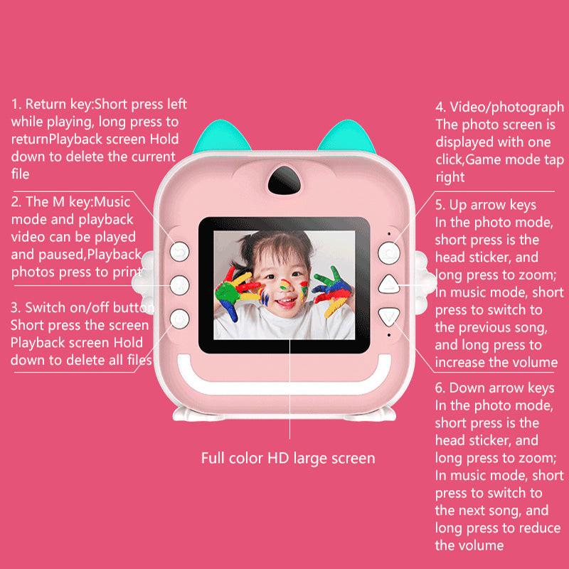 Pink rabbit Kids Instant Print Camera Zero Ink Digital Video Recorder with 32GB Card and 3 Paper Rolls Portable Rechargeable Toy Gift.