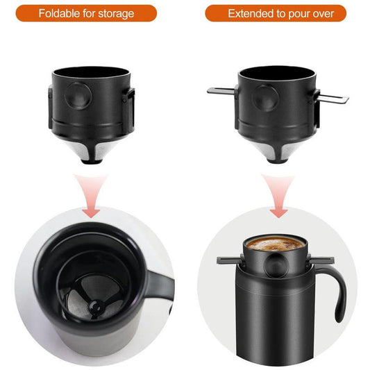White Portable Pour Over Coffee Maker Set Insulated Stainless Steel Travel Mug with Reusable Drip Filter and Spoon 3 Piece Kit.