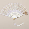 2 Pack White Sunflower with Gold Foil Embossing Vintage Lace Folding Fans Gothic Palace Style with Rose Cross Tassels for Tea Party Cosplay and Photo Props.