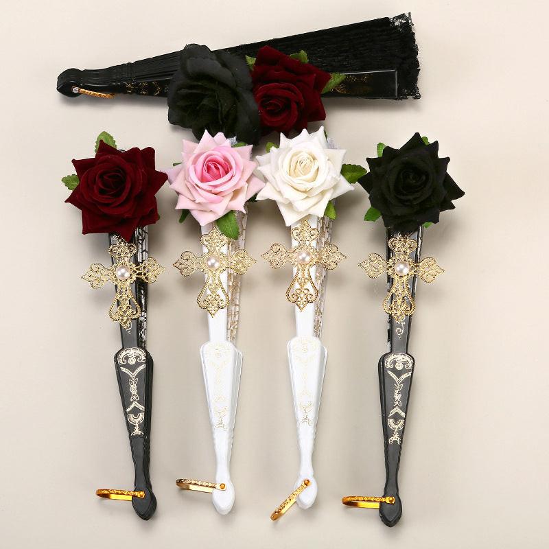 2 Pack White Sunflower with Gold Foil Embossing Vintage Lace Folding Fans Gothic Palace Style with Rose Cross Tassels for Tea Party Cosplay and Photo Props.