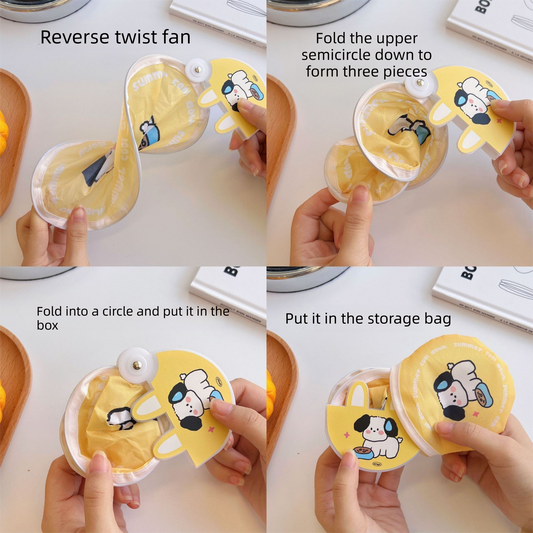 5 Pack Yellow Adventurous Pup Cute Cartoon Folding Hand Fans Portable Mini Circular Fans 20x24cm for Aussie Summer Outdoor Travel with Matching Storage Pouches for Kids and Adults.