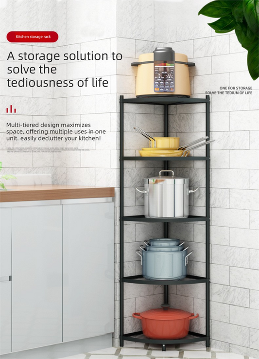 5-Tier Kitchen Corner Shelf Stand - Heavy Duty Carbon Steel Pot & Pan Organiser - Rust Resistant Freestanding Storage Rack for Small Spaces.