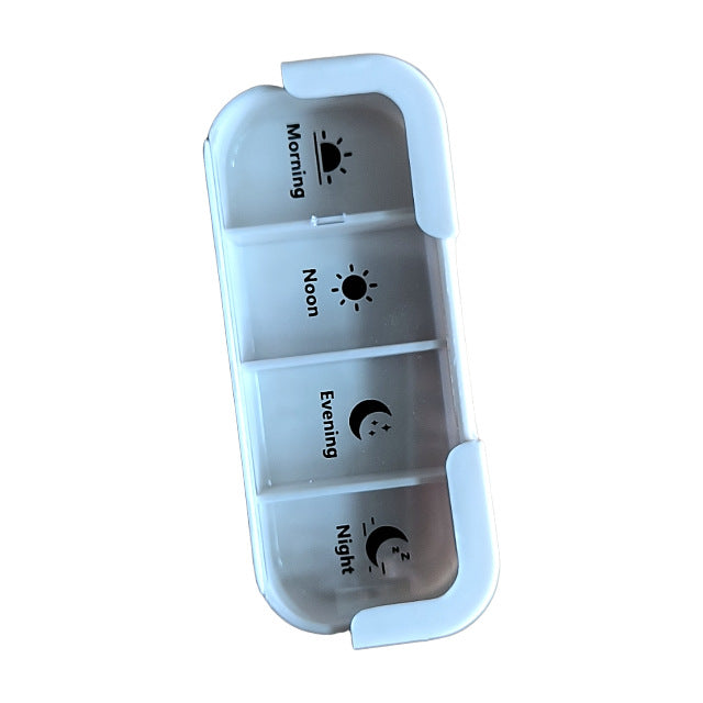 7 Day Weekly Pill Organiser Tower - White & Blue Medicine Storage Box with 4 Daily Compartments - Portable Slide-Out Trays for Vitamins & Supplements