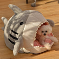Novelty Shark Pet Cave Bed Enclosed Cozy Sleeping Nest for Cats and Small Dogs Soft Flannel Year Round Comfort Light Gray L Size