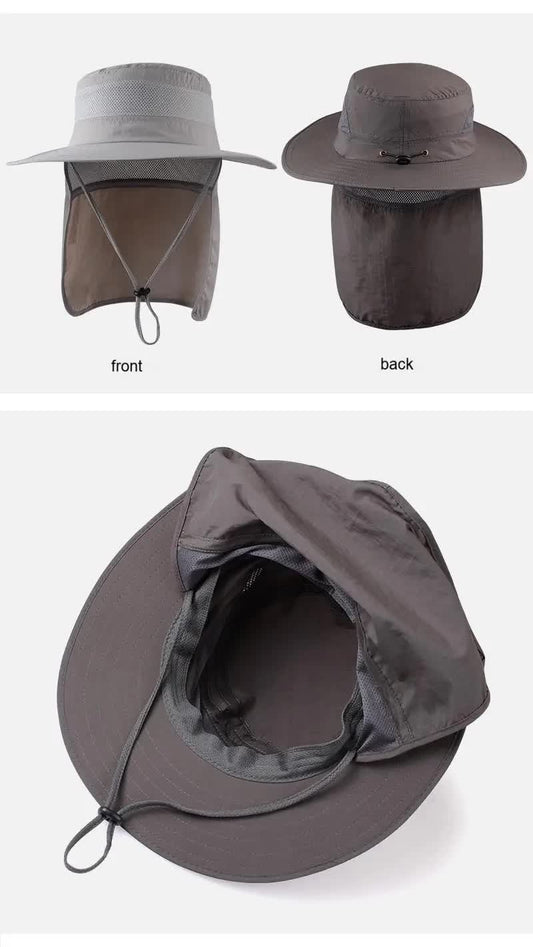 Wide Brim Sun Hat with Neck Flap UPF 50+ Protection Quick Dry Safari Cap Mesh Breathable for Fishing Gardening Hiking Outdoor Navy Blue