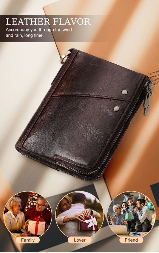 Genuine Leather Mens Wallet Double Zipper - RFID Blocking Bifold Card Holder with Coin Pocket - Vintage Brown Gift for Him
