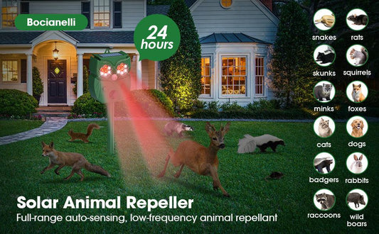 Solar Ultrasonic Animal Repeller - Owl Design with 14 LED Flashing Lights - Outdoor Motion Sensor Deterrent for Birds, Cats, Dogs & Rodents - 5 Adjustable Modes with USB Charging.