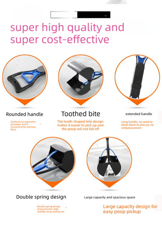 Super Long 80cm Foldable Pet Pooper Scooper Heavy Duty Dog Waste Picker No Bending Jaw Clamp with Dispenser & Bags Black.