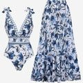 XL Size Blue Print Women's Sexy One-Piece Swimsuit Set With Matching Long Dress - European/American Style Bikini with Built-in Pads