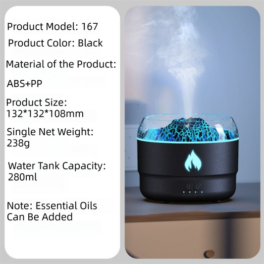 167 Black Simulation Volcano Diffuser & Humidifier - Smart Timer Ultrasonic Mister with Volcano Lava Crack Shell and Colorful Light.