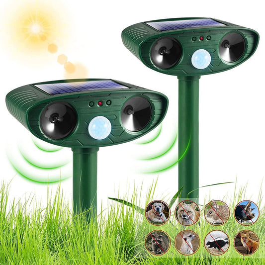 Classic Solar Powered Animal Repeller - PIR Sensor, Ultrasonic & Flashing Light Deterrent for Cats, Dogs, and Birds.