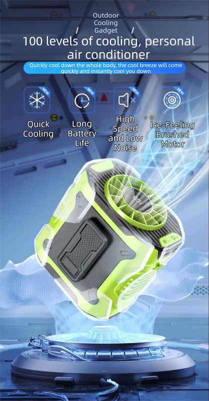 Black Portable Waist Fan - Construction Site Cooling Solution with 360° Turbo Ice Engine, 100 Speed Gears, and LED Light.