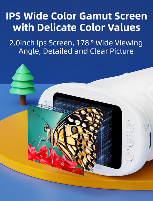 White Kids Handheld Digital Microscope - 2.4-inch HD Portable Magnifier with 1000x Magnification, 2MP Camera, and Built-in Storage & LED.