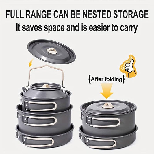 Portable & Foldable Outdoor Cookware Set - Lightweight Camping Pot, Pan, Kettle & Tableware for Hiking, Backpacking, and Travel.