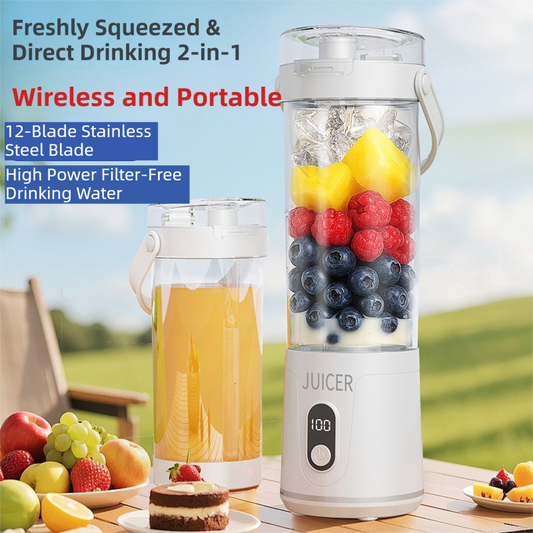 White Portable 600ml Wireless Juicer Blender with 12-Leaf Blades - 20,000 RPM High-Speed Smoothie Maker & Self-Cleaning Personal Blender for Travel and Home.