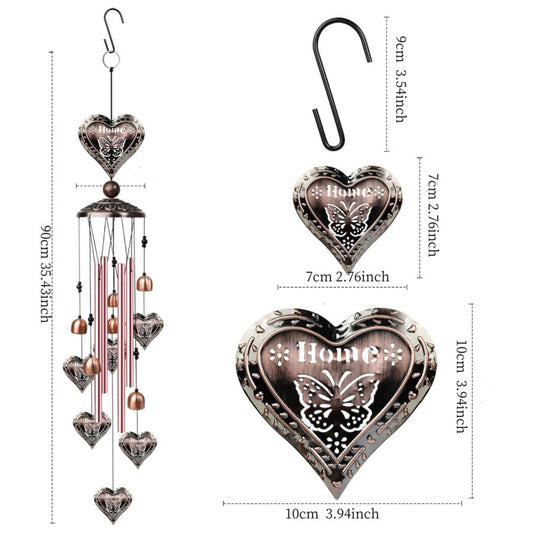 90cm Large Bronze Hearts Vintage Metal Tube Wind Chimes - Handcrafted Musical Hanging Decor for Garden and Home with Hanging Hook