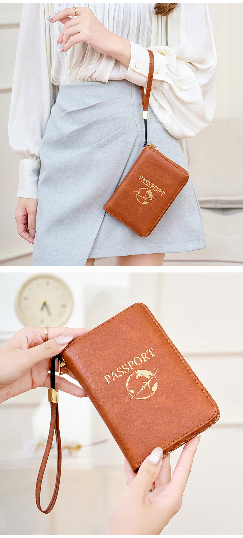 Black RFID Blocking Travel Passport Holder - Multi-functional Waterproof PU Leather Security Travel Wallet with Zipper and Wristband