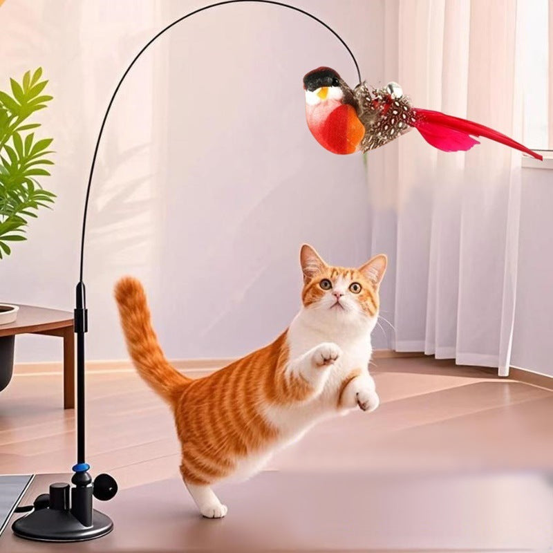 Interactive Self-Play Cat Wand with Suction Base, Feather & Bell - Automatic Bouncing Teaser(Black)