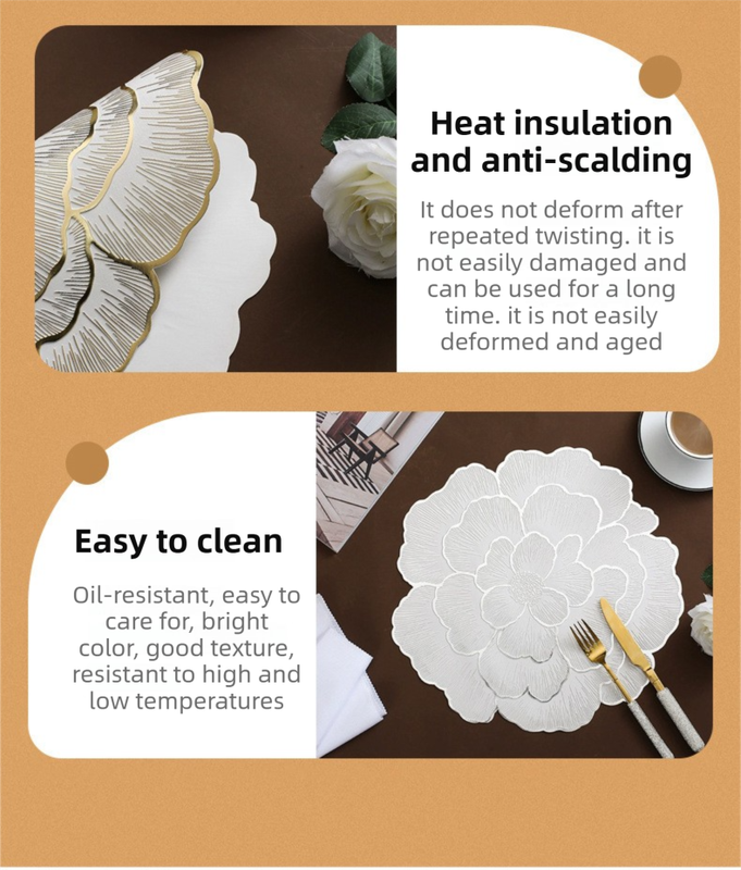 4-Pack Sliver Luxury Bronzing Floral Heat-Insulated Placemats - Peony Style Anti-Slip & Waterproof PVC Table Mats(38x38CM)