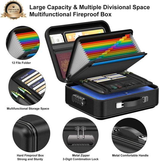 3-Layer Fireproof & Waterproof File Organizer Box(38x28x13CM) with Security Lock - EVA Muti-Functional Safety Briefcase for Certificates, Passports & Valuables.