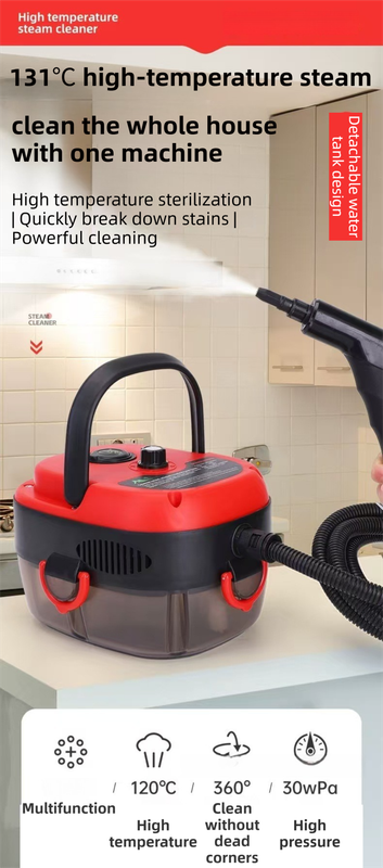 Red Portable High-Pressure Steam Cleaner with 1000ml Tank & 7-Piece Pro Brushes/Spray Nozzle Kit - 131°C High-Temp Deep Cleaning Machine for Kitchen Grease and Home Sanitization.