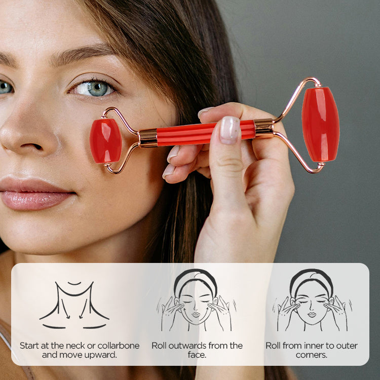 Pink Dual-Head Resin Facial Roller and Heart-Shaped Gua Sha Set for Home SPA Skincare and Face Neck Massage