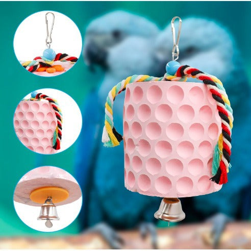 2-Pack Green Hanging Bird Chew Toy with Bell and Rope, Ideal for Parrots, Squirrels, and Rodents – Durable Wood-Based Grinding Stone for Beak Exercise and Enrichment