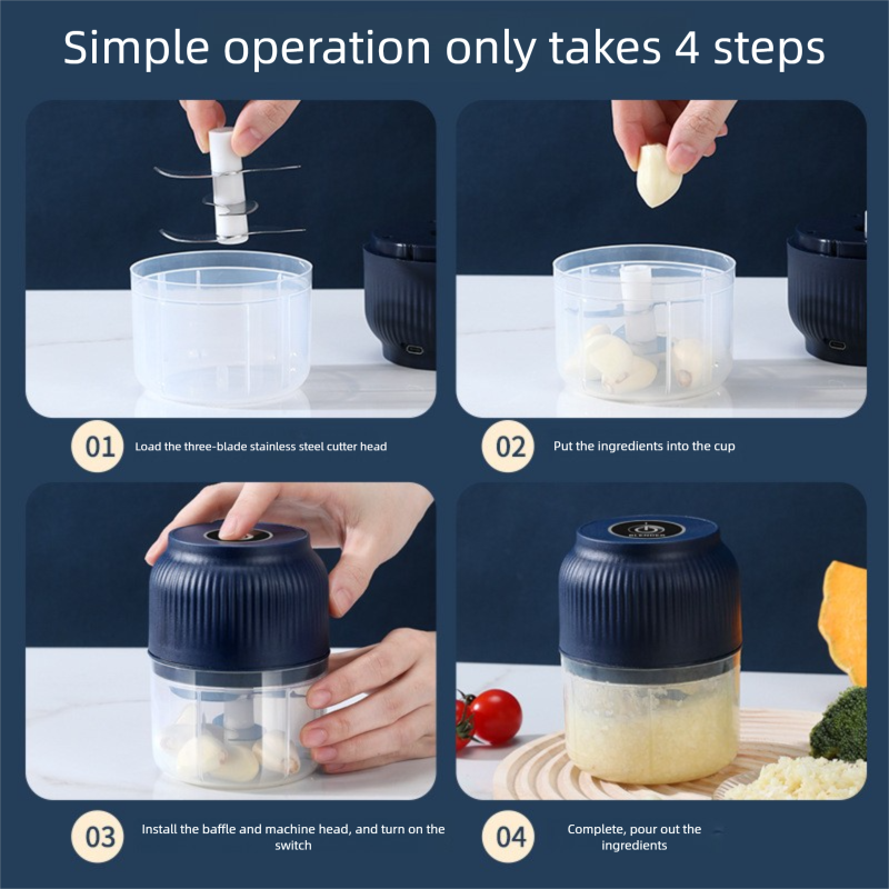 3-blade cutter head Blue Wireless Electric Garlic Chopper 300ml Portable Mini Food Processor USB Rechargeable for Baby Food and Dipping Sauce Essential Local Kitchen Tool