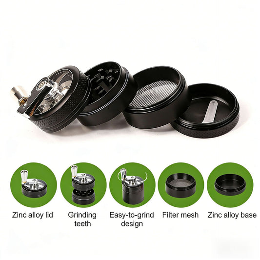 Green 40mm Zinc Alloy 4-Layer Hand-Crank Grinder – Compact Metal Spice & Herb Crusher with Stainless Steel Teeth, Filter Mesh, and Portable Design