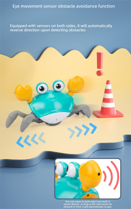 Electric Induction Crawling Crab Baby Toy Interactive Obstacle Avoidance Moving Pet with Music & Light USB Rechargeable Tummy Time Gift Sun Orange.