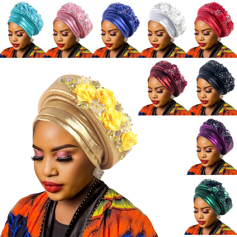 Women's Luxury Red Turban Hat with Beaded Floral Embellishments Pre-Tied African Style Headwrap for Weddings Parties & Special Occasions