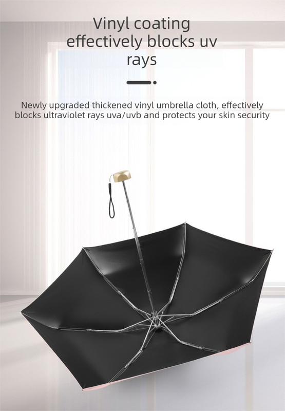 Compact Mini Pocket Umbrella UPF50+ Sun Protection Lightweight Travel Parasol - Windproof 5-Fold Rain Shade with Flat Gold Handle (Black)