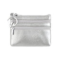 Genuine Leather Coin Purse Mini Wallet with Triple Zipper Pockets Key Ring Holder Pouch for Cash & Cards - Silver