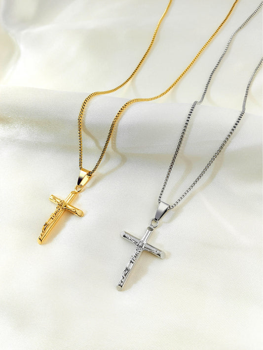 Men's Vintage Cross Pendant Necklace 2-Piece Set – Includes Classic Steel & Luxury Gold Titanium Steel Chains (60cm Box Chain)