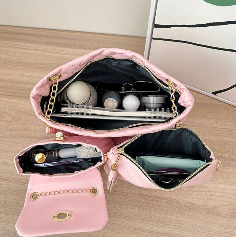 4-PCS Plaid Contrast-Color Handbag Set - Large Capacity PU Leather Shoulder Bag with Secure Zipper & Buckle Closure, Stylish Strap & Charms(Brown & Blue)