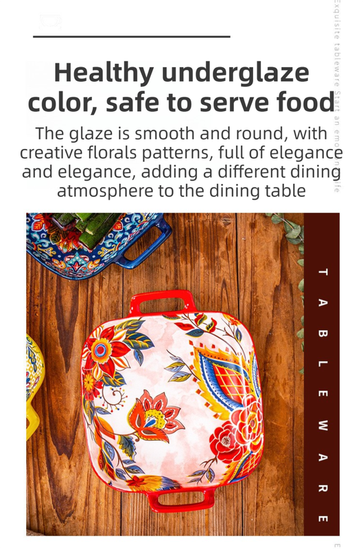 9-Inch Underglaze Ceramic Square Serving Plate with Dual Handles (Mirror Sunlight Style) - Microwave and Oven Safe Pasta & Fruit Tray
