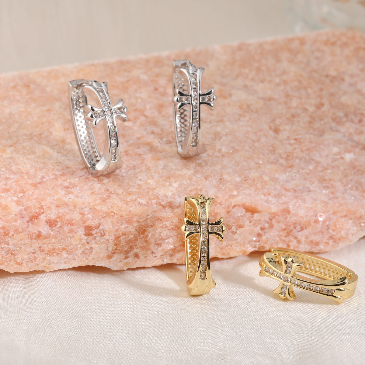 1-Pair Gold Sparkling Iced Out Rhinestone Cross Hoop Earrings - Punk Elegance Ear Buckle for Women