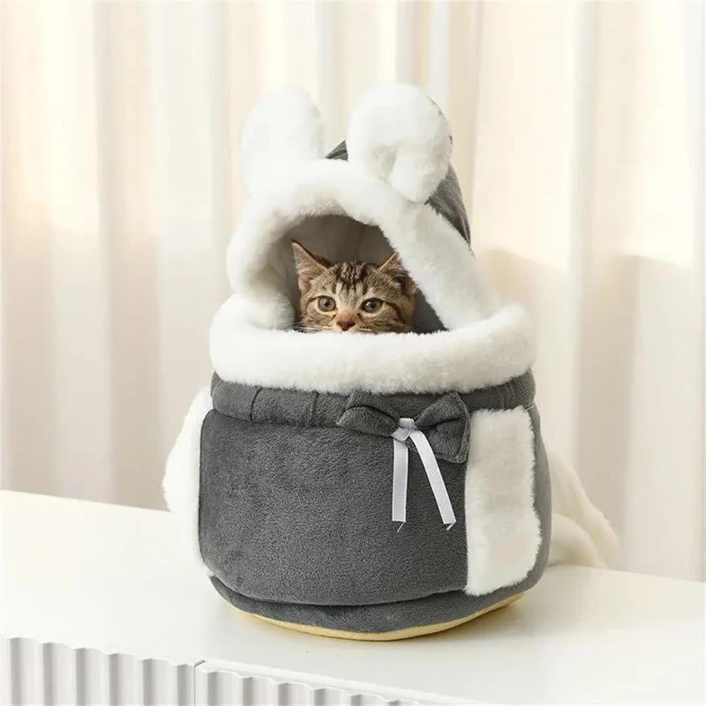 Grey 2-in-1 Ultra-Soft Plush Pet Carrier & Mobile Bed - Portable & Lightweight Cute Cat Ear Design Travel Cabin (XL 38 x 25 x 30CM)