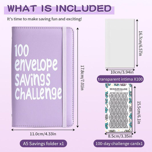 Two-Player 100 Days Envelope Savings Challenge with 50 Clear Double-Sided Pages - Portable A6 Size for Budgeting & Financial Goals (Purple + Black).