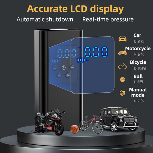Wireless Rechargeable Tire Inflator with 4 Inflation Modes & 5 Inflatable Parts - Real-Time LCD Precision Gauge, Auto-Stop & Emergency LED Light(2-Cell).