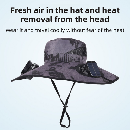 Light Grey Dual Turbo Fan Sun Hat with Round Solar Panel & TypeC Interface - Waterproof 14cm Wide-Brim Cooling Hat for Outdoor Fishing Hiking Camping.