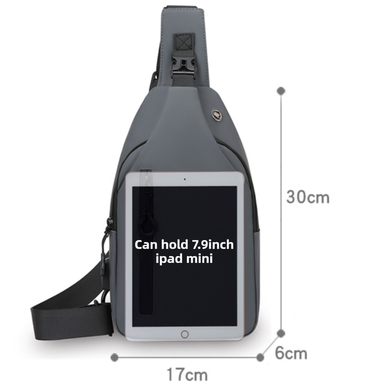 Grey Waterproof Unisex Chest Bag with USB Charging & Headphone Port - 3-Layer Large Capacity PU Leather Crossbody Bag