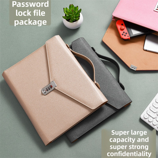 Champagne Anti-Theft Document Organizer with Secure Password Lock - Waterproof PU Leather Confidential File Bag.