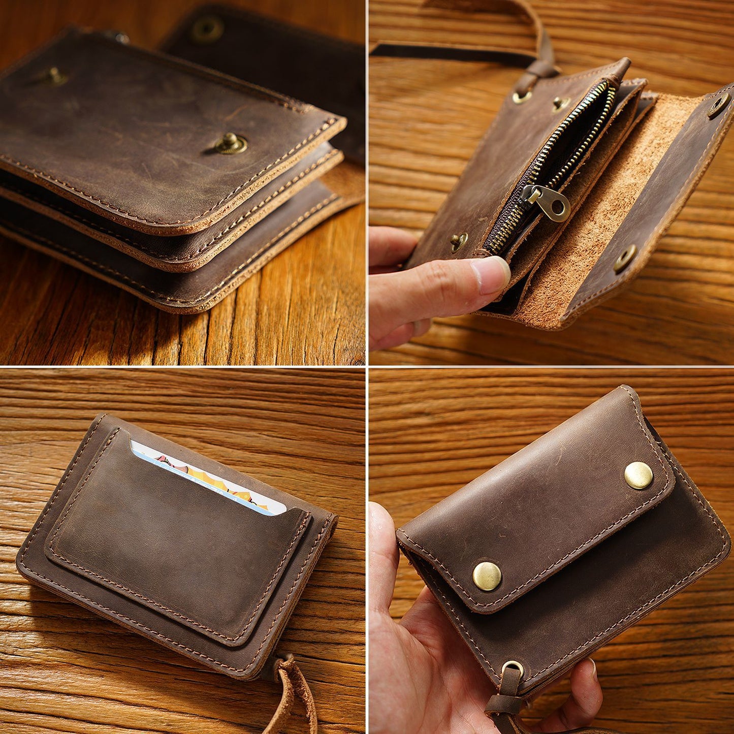 Coffee Handmade Crazy Horse Leather Wallet Vintage Coin Purse Zipper Card Holder with Strap Snap Closure Top Layer Cowhide 12cm
