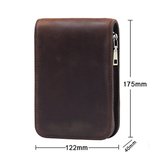 Black 12-Slot Genuine Crazy Horse Leather Fountain Pen Case - Handcrafted Large Capacity Zippered Pen Organizer & Stationery Pouch