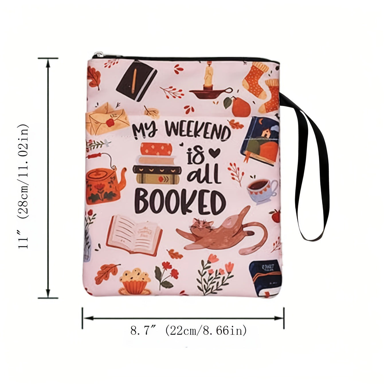 Pink flowers Zippered Book Sleeve with Printed Design – Waterproof Protective Cover for Books, Ideal for Readers and Students with Extra Pocket & Carry Strap