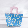 Blue and pink handbag Insulated Lunch Bag â Multi-Color Printed Tote with Padded Handle for Students & Office Workers.