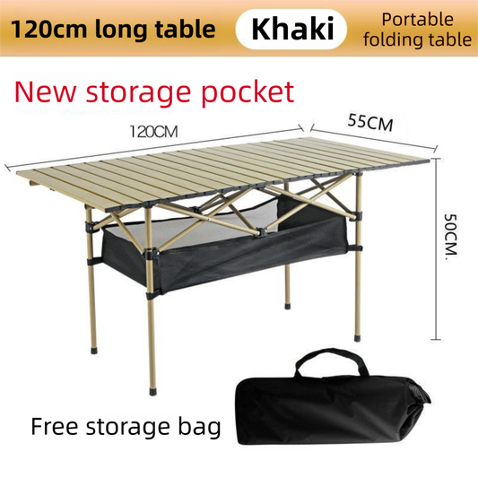 120CM Khaki Portable Folding Egg Roll Camping Table + 4-Pack 36CM Chairs with Storage Bag & Mesh Net- Heavy-Duty Carbon Steel Picnic Table for 6-8 People.