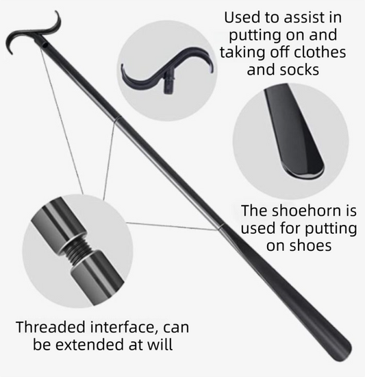 2-Pack White Portable Dressing Aid Stick & Long-Handled Shoe Horn (3-Section Detachable) - Adjustable 62cm-88cm Dressing Hook for Seniors & Limited Mobility