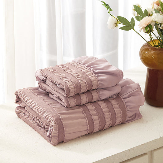 Pink Elegant Ruffle Seersucker Duvet Cover with 2PCS Pillow Shams - 3-Piece Vertical Stripe Clipped Floral Textured Bedding (King Size 264 x 229 CM)